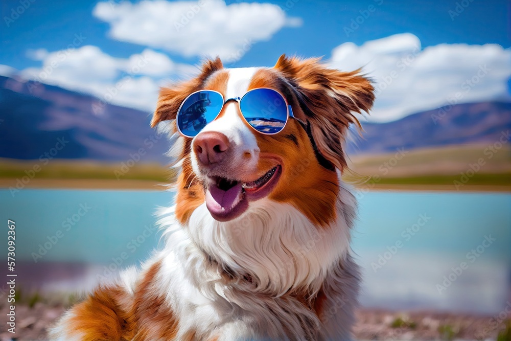 Portrait of Australian Shepherd wears sunglasses
