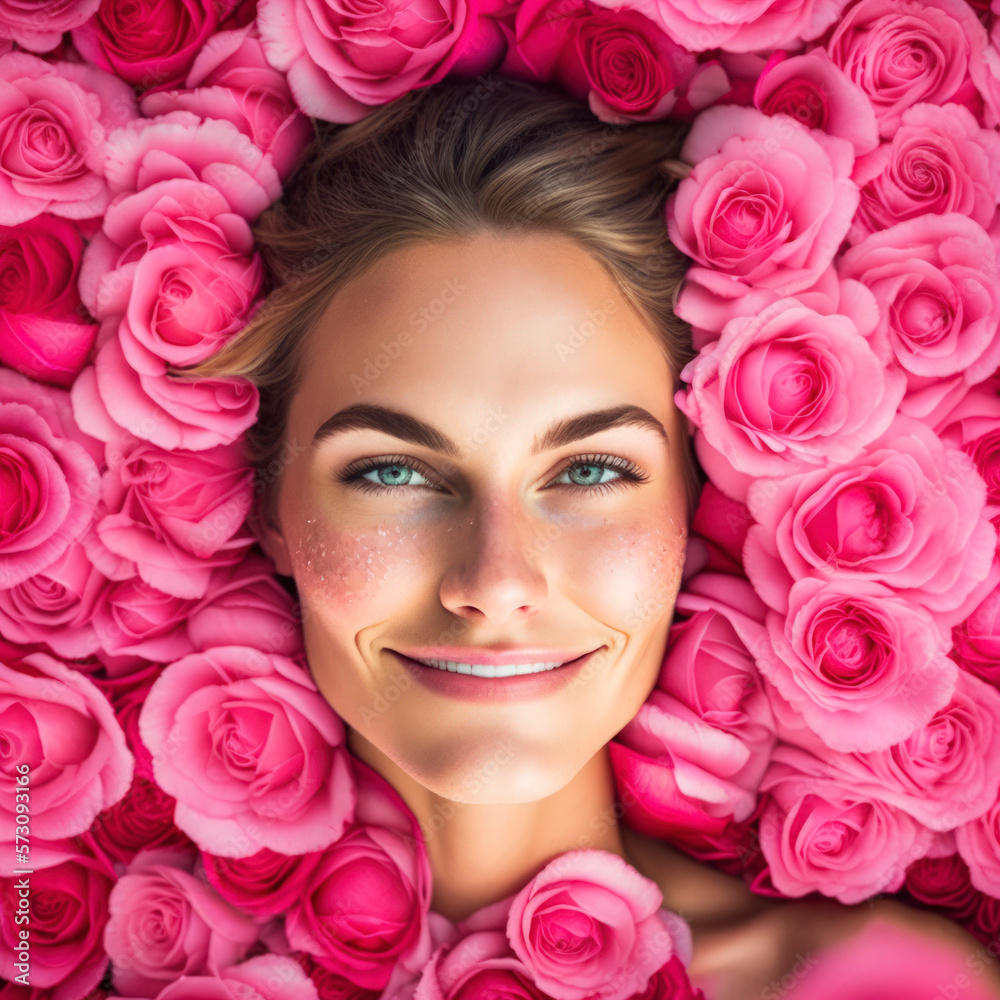 Woman's face close up The pattern is surrounded by beautiful pink rose flowers. Generative AI Woman's face close up The pattern is surrounded by beautiful pink rose flowers. Generative AI