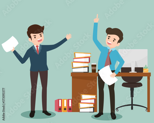 The boss is angry with his employee while the employee is explaining the reason to end the problem. Business working concept vector illustration.