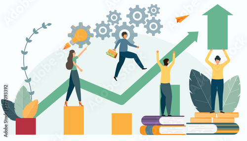 Businesspeople are analysis growth graph vector illustration. Business motivation and ambition and achieves success. Prepare a business project start up. Businessman looking a target and goal plan.