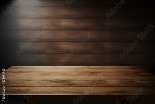Empty Bronw wooden table top against brow blurred room interior background, for product, montage. Generative AI