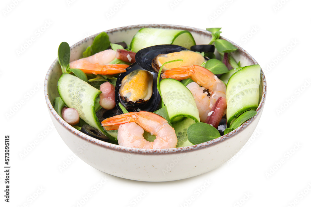 Bowl of delicious salad with seafood isolated on white Bowl of delicious salad with seafood isolated on white