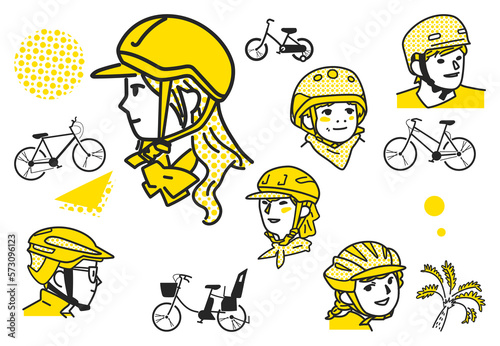 スタイリッシュな自転車用ヘルメットをかぶった人々　セット　イラスト素材	
