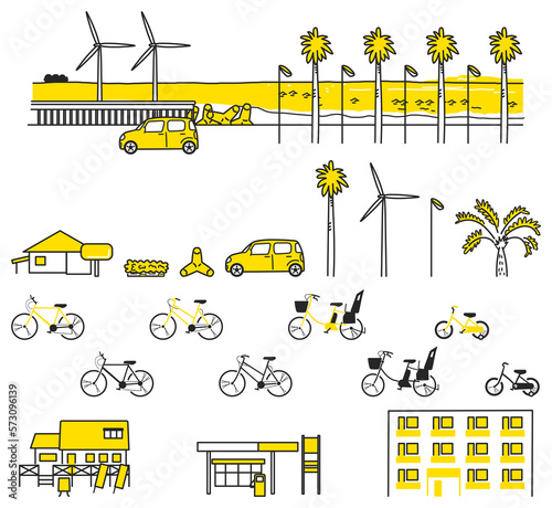 自転車で走ると気持ちいい海沿いの町のイメージ　セット　イラスト素材
