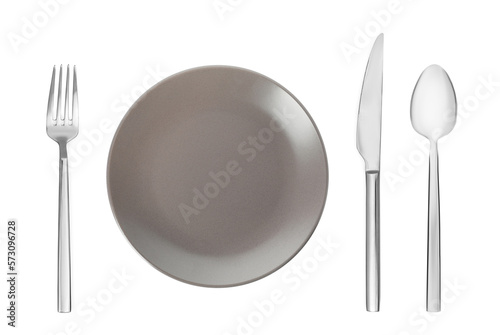 Empty grey plate with fork, knife and spoon on white background, top view