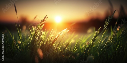 Green grass with sunset views. Blurred background - generative ai