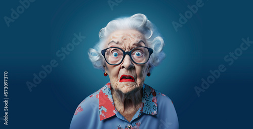 90 year old Caucasian female with shocked facial expression head and shoulders created with Generative AI technology photo