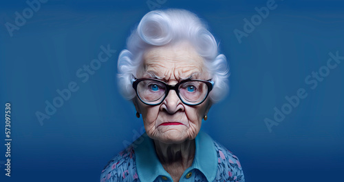 90 year old Caucasian female with angry facial expression head and shoulders created with Generative AI technology