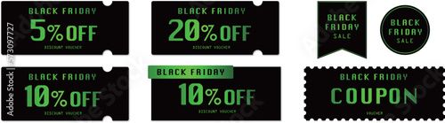 ブラックフライデーセールに使える黒と緑のクーポンベクターセット