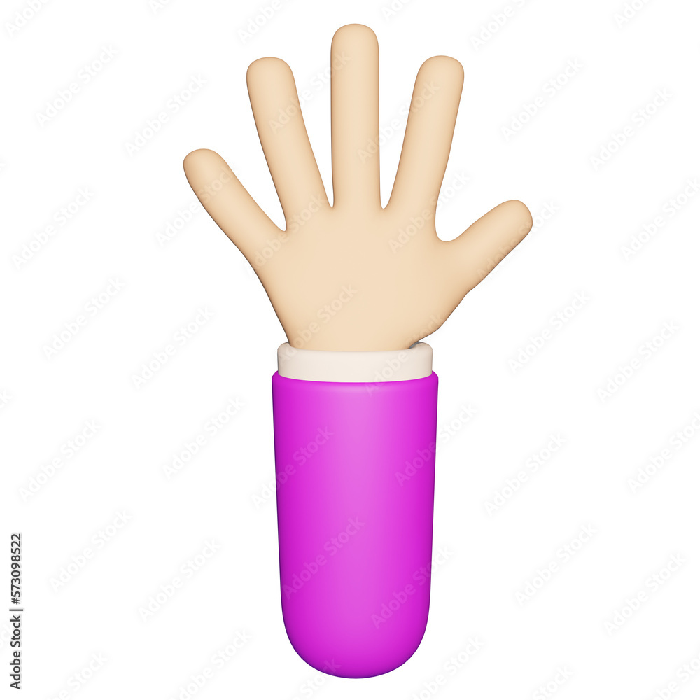3D cartoon hand / palm with five fingers up. Realistic icon. 3D Rendering.
3D cartoon hand / palm with five fingers up. Realistic icon. 3D Rendering.