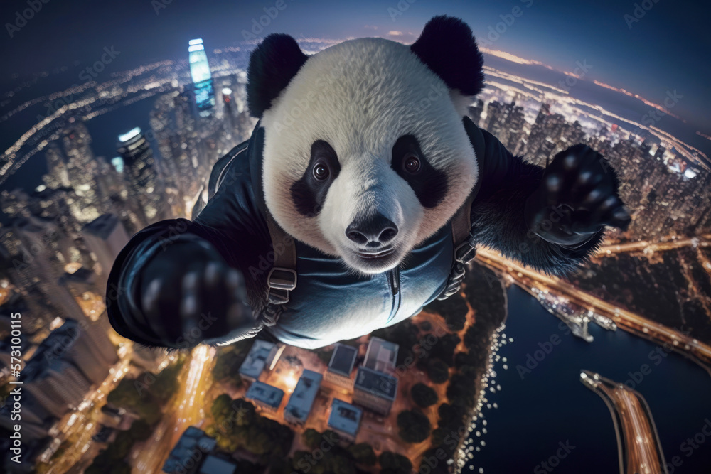 A panda skydiving at night, with the city lights in the background, generative AI, Ai A panda skydiving at night, with the city lights in the background, generative AI, Ai
