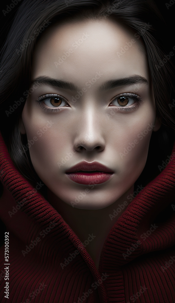 A portrait of an asian woman beautiful model, wearing a red hoodie, generative AI
