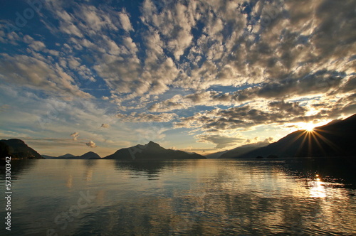 Howe Sound at sunset with dramatic clouds from Porteau Cove, BC photo