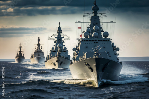 Fototapeta A line of modern  military naval battleships warships in the row, northern fleet