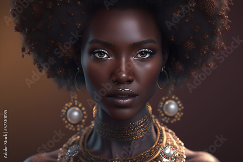Fictitious afro model with chocolate color skin and puff hair style. AI generated image photo