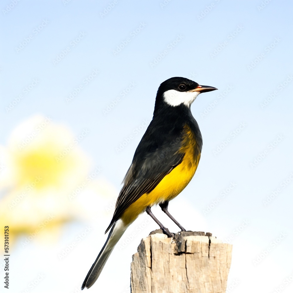 Bird Perching on Wooden Post with Black and Yellow Colors and a Beautiful Sky Background Created with Generative AI and Other Techniques Bird Perching on Wooden Post with Black and Yellow Colors and a Beautiful Sky Background Created with Generative AI and Other Techniques
