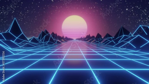 Synthwave Sunset. Animated Background. 80s Sun. Wireframe Landscape. Retro Future Perspective Grid. Retrowave Style. Sci-fi Abstract Backdrop. 3d render. Seamless loop