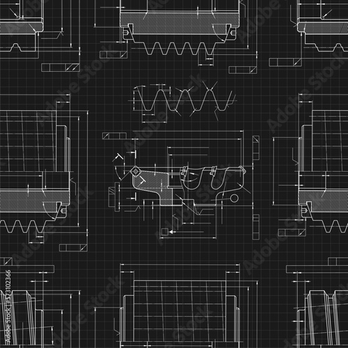 Mechanical engineering drawings on black background. Cutting tools, milling cutter. Technical Design. Cover. Blueprint. Seamless pattern. Vector illustration.