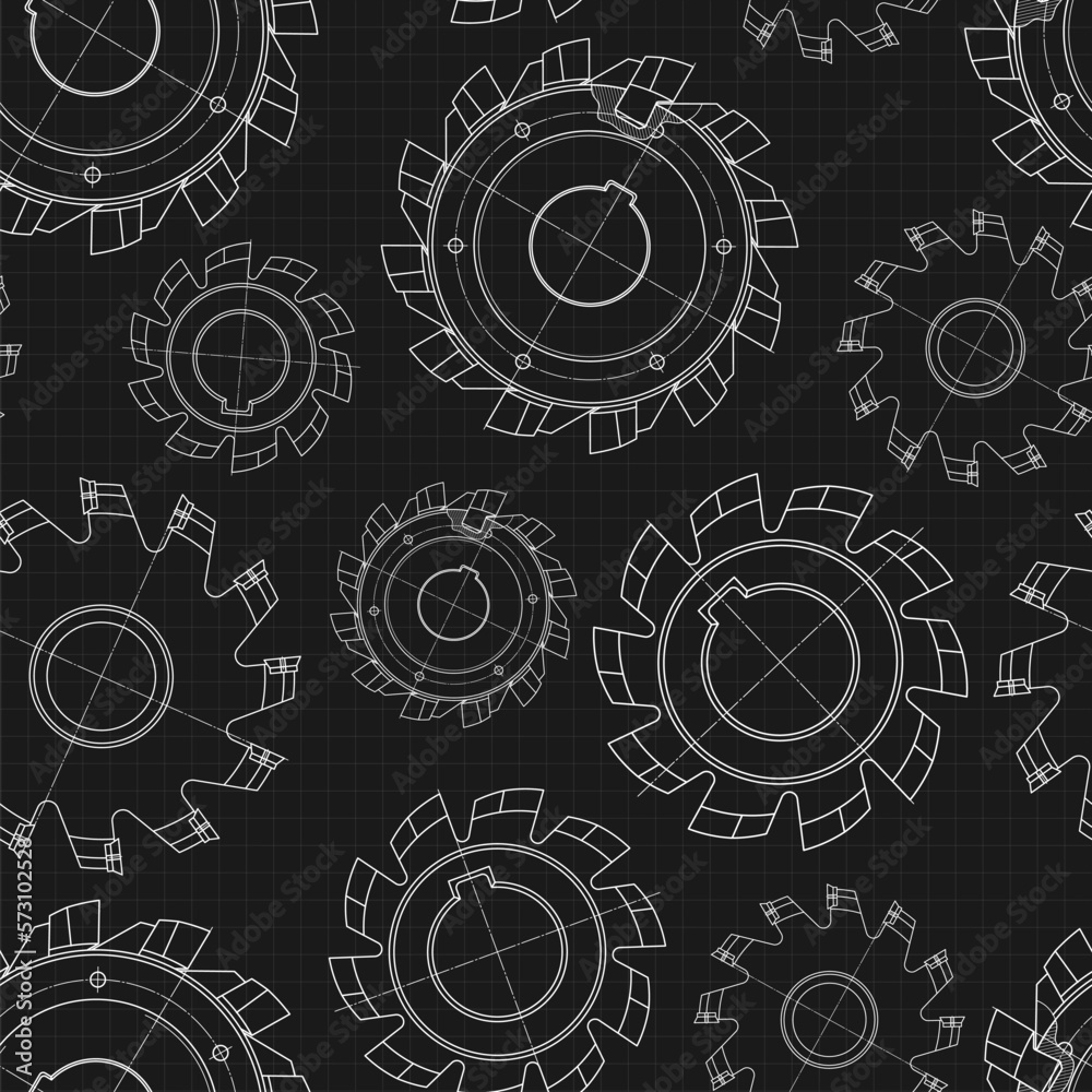 Mechanical engineering drawings on black background. Cutting tools, milling cutter. Technical Design. Cover. Blueprint. Seamless pattern. Vector illustration. Mechanical engineering drawings on black background. Cutting tools, milling cutter. Technical Design. Cover. Blueprint. Seamless pattern. Vector illustration.