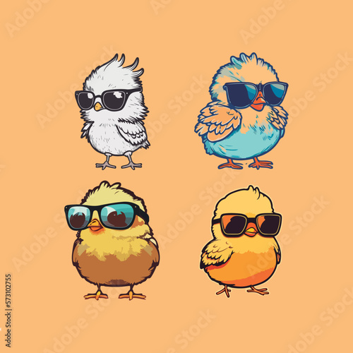 set tiny chicks wearing sunglasses in isolated background