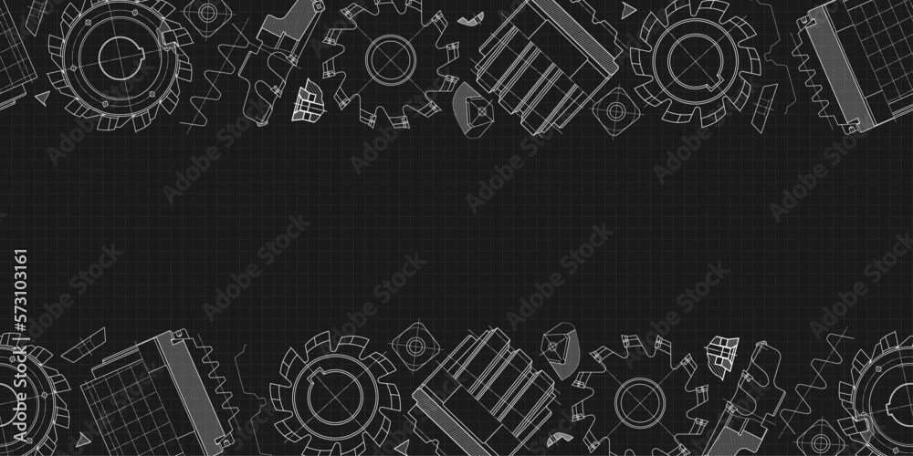 Mechanical engineering drawings on black background. Cutting tools, milling cutter. Technical Design. Cover. Blueprint. Seamless pattern. Vector illustration.