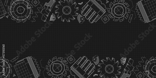 Mechanical engineering drawings on black background. Cutting tools, milling cutter. Technical Design. Cover. Blueprint. Seamless pattern. Vector illustration.