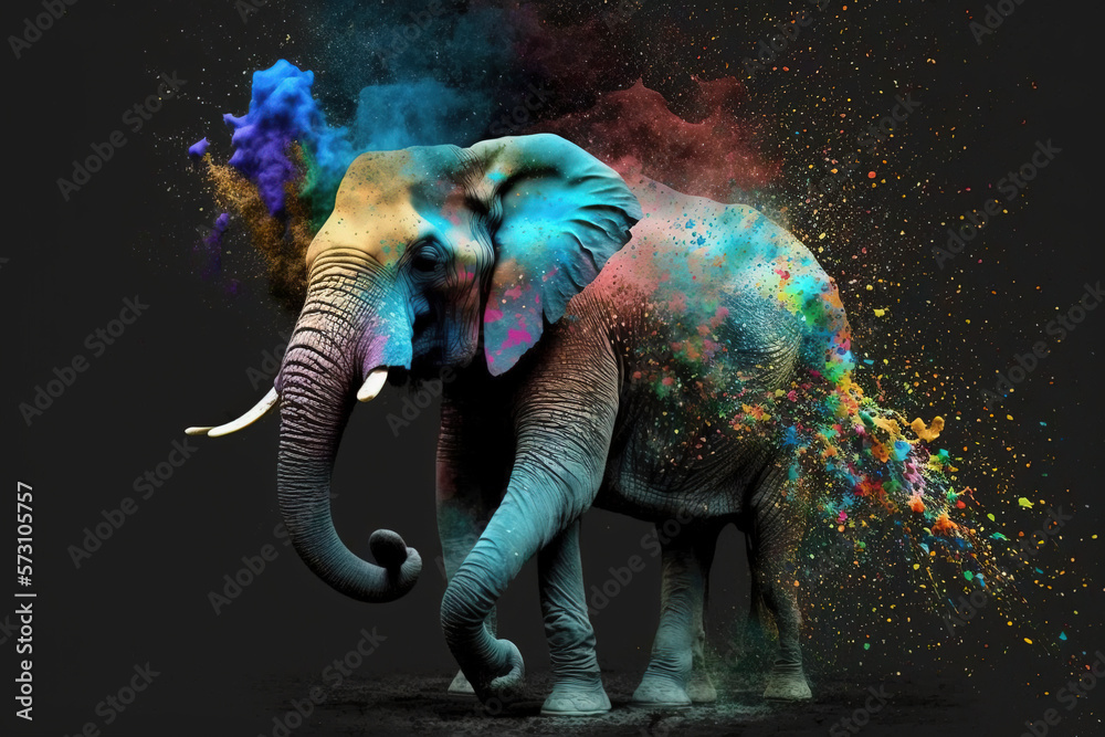Fototapeta premium Elephant Happy Holi colorful background. Festival of colors, colorful rainbow holi paint color powder explosion isolated black, white orTaj Mahal wide panorama background.