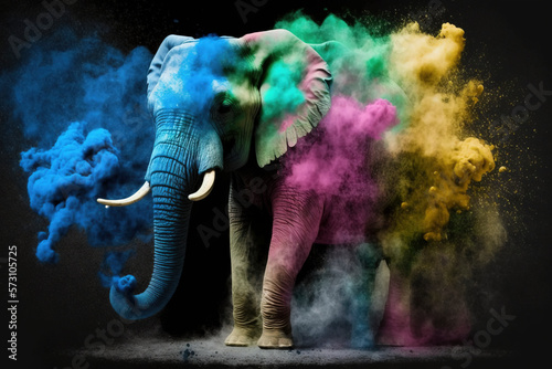 Elephant Happy Holi colorful background. Festival of colors, colorful rainbow holi paint color powder explosion isolated black, white orTaj Mahal wide panorama background.