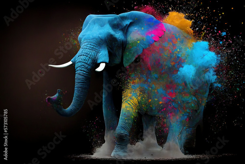 Elephant Happy Holi colorful background. Festival of colors, colorful rainbow holi paint color powder explosion isolated black, white orTaj Mahal wide panorama background. © Inmaculada