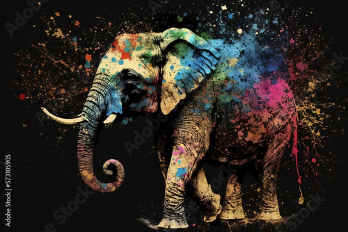 Elephant Happy Holi colorful background. Festival of colors  colorful rainbow holi paint color powder explosion isolated black  white orTaj Mahal wide panorama background.