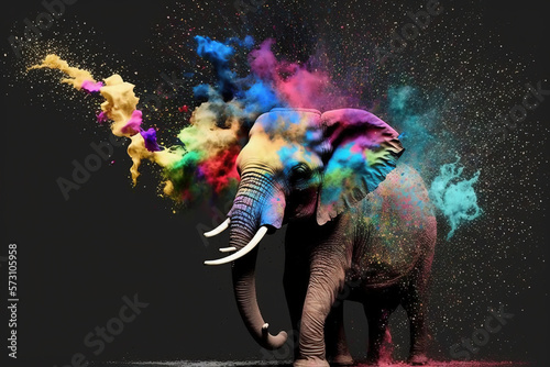 Elephant Happy Holi colorful background. Festival of colors, colorful rainbow holi paint color powder explosion isolated black, white orTaj Mahal wide panorama background.