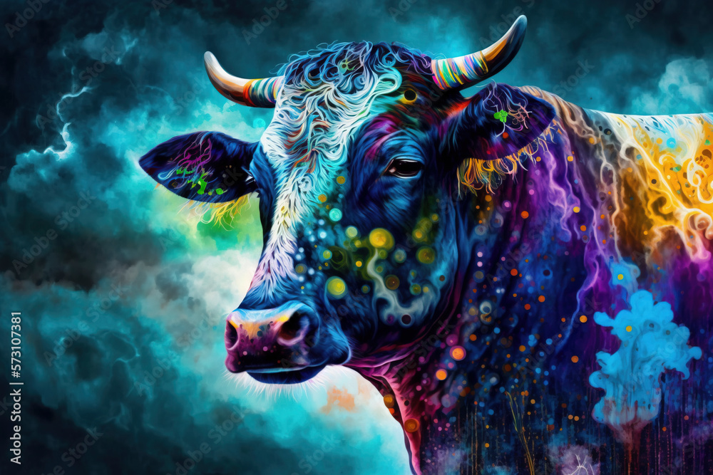 Cow Happy Holi colorful background. Festival of colors, colorful rainbow holi paint color powder explosion isolated white and Taj Mahal wide panorama background.