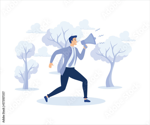 Business shout out, attention and announce promotion concept, businessman using megaphone speak out loud to be heard in public.Flat vector modern illustration 