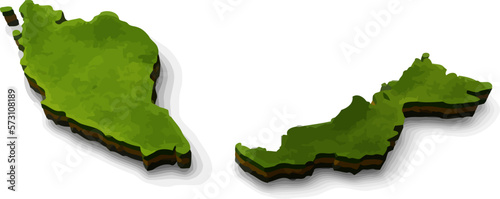 Malaysia island map illustration with 3D style and realistic green grass 