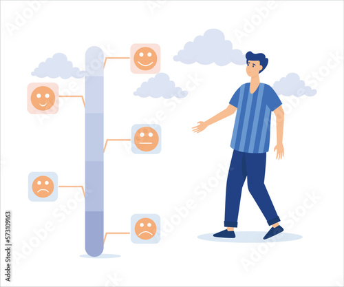 Customer feedback giving rating based on experience or quality from product and service, man trying to push customer feedback bar to be excellent smile. Flat vector modern illustration 