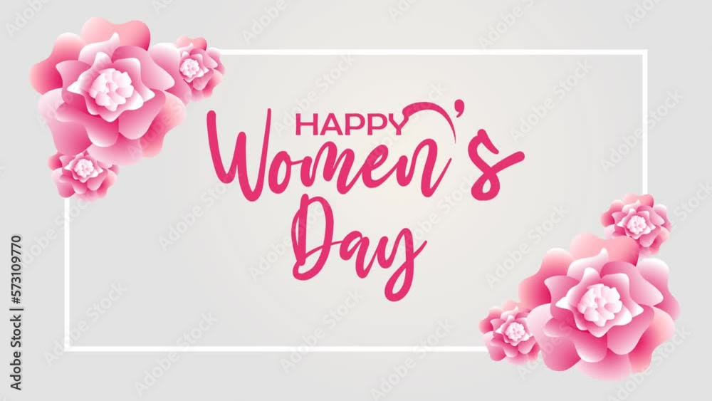 Happy Womens Day Animated Text in pink color. Great for international womens day celebrations Around the World. Women's Day concept video with background flower. Motion graphic.4k video greeting card