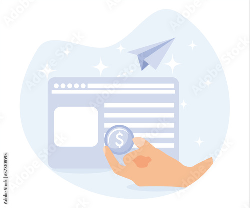 Paid media or pay per click advertising, businessman marketer push money coin into mouse pointer to click to website. Flat vector modern illustration 