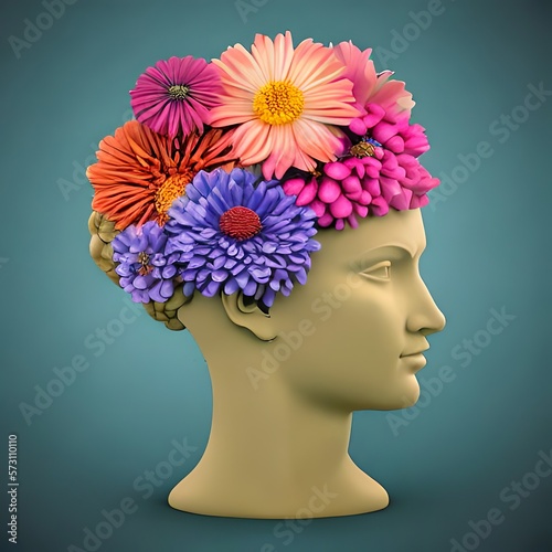 person with flowers, Positive thinking, mental health, serenity, nature, peacefull mind, generative AI © Gustavo