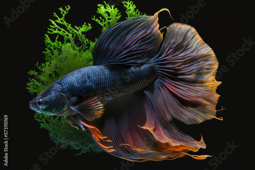 Illustration of beta fish in the fish bowl with background water plants, for theme, background, backdrop, desktop, wallpaper, education photo