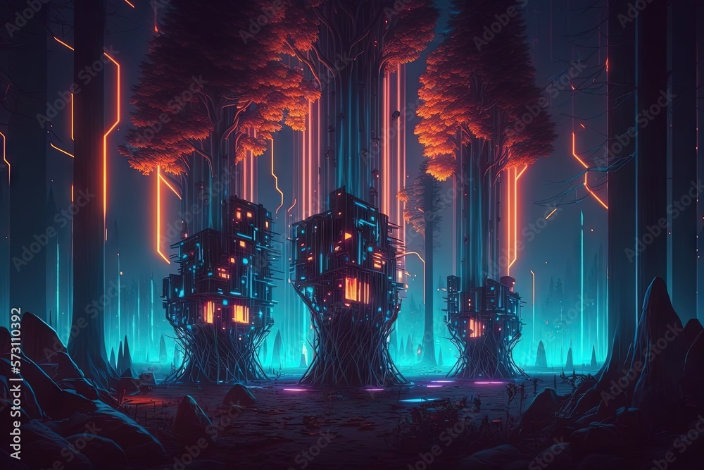 Cyber Sci Fi Futuristic Neon Laser Electric forest . AI generated art