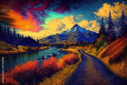 Casein paint Landscape Art . AI generated art illustration.