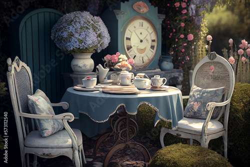 Fancy tea party in the garden, generative art photo