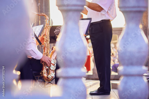 Sticker People from a musical brass band playing music, jazz outdoors