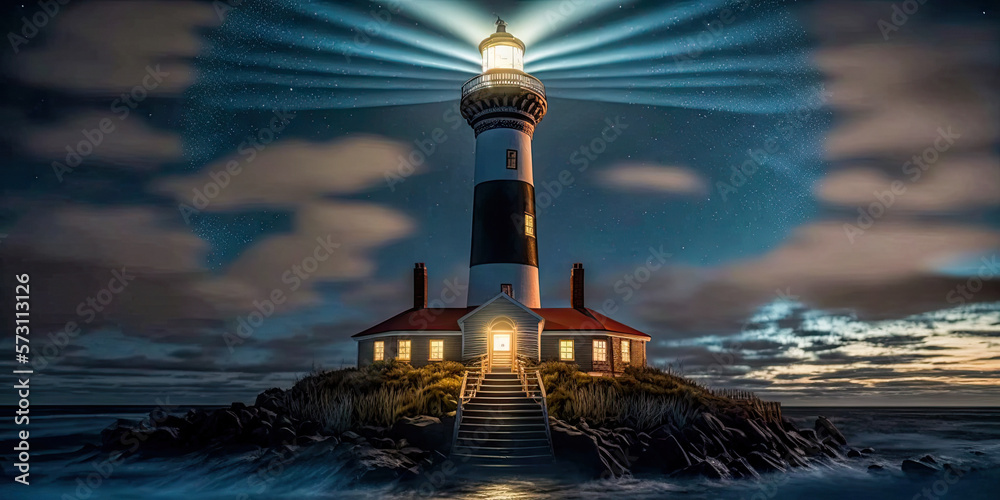 Lighthouse with beams of light shining out to sea. Vibrant. Great for ...