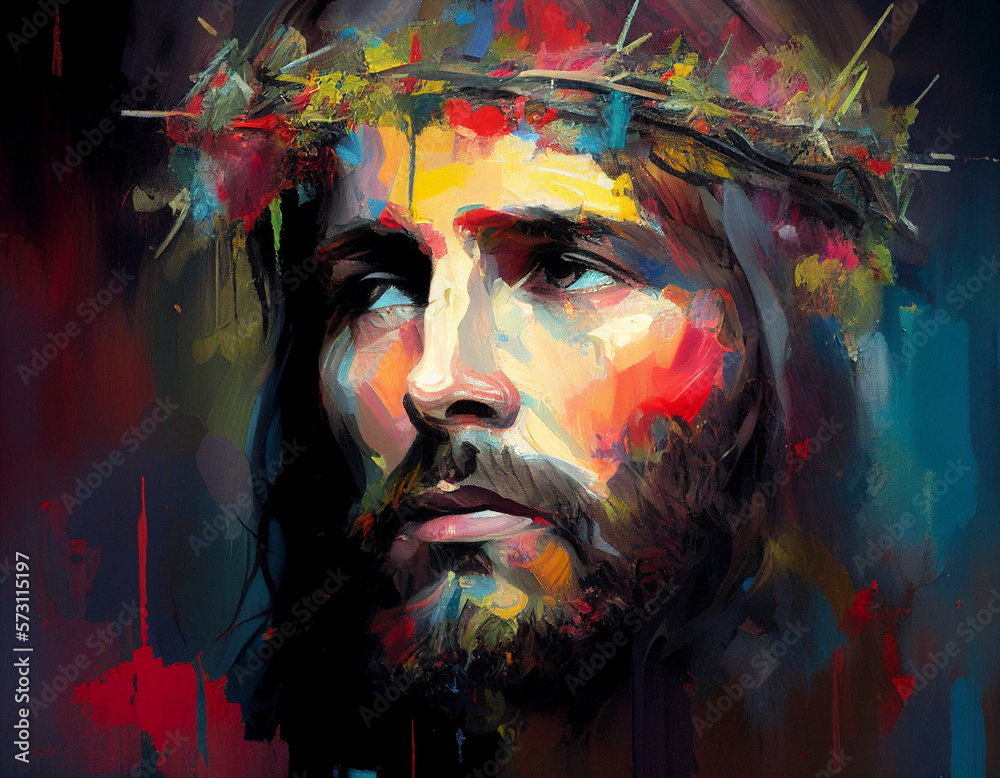 Colorful abstract painting of Jesus Christ with a crown of thorns