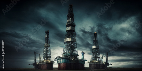 Three oil rigs with storm clouds in the background created by Generative AI
