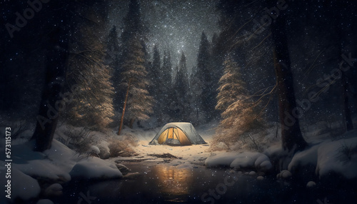 camping at winter night in forest, milky way