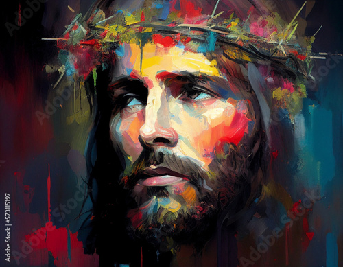 Colorful abstract painting of Jesus Christ with a crown of thorns © graphicstormdesigns