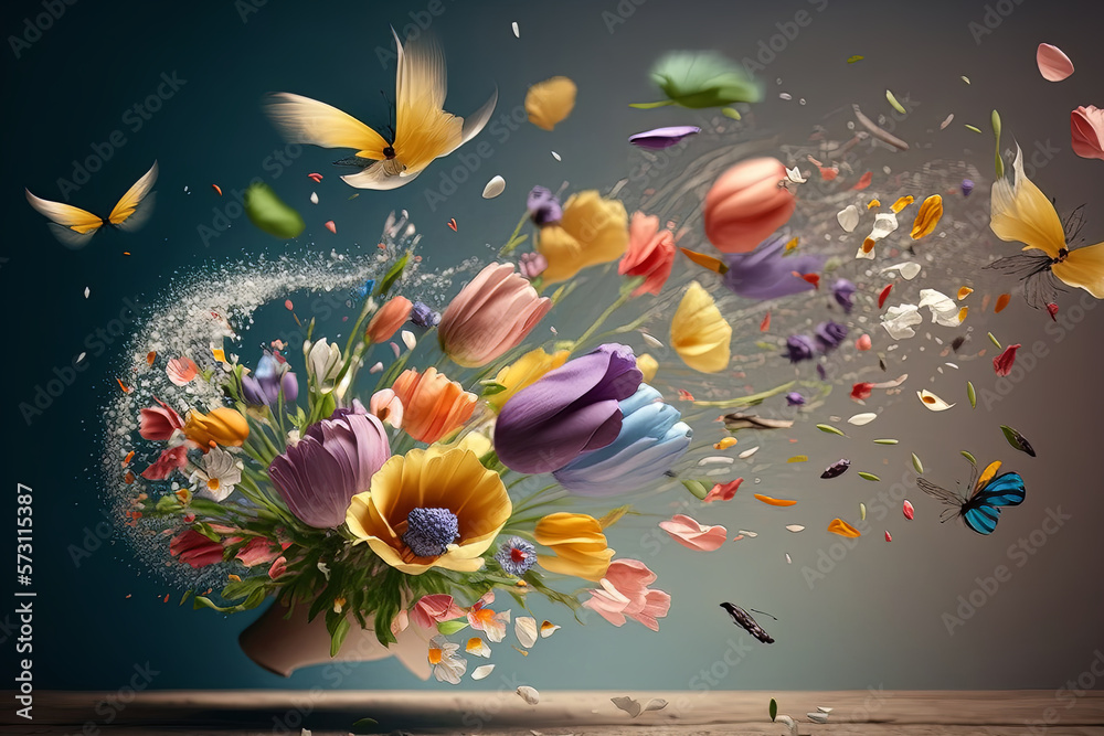 A vibrant and colorful image featuring a group of flowers and a butterfly levitating in mid-air.. Generative AI