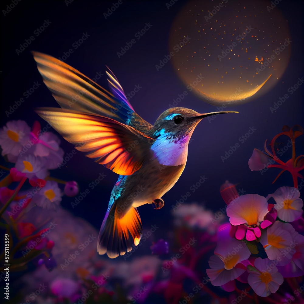 Hummingbird animal, hummingbird flying between flower, honey, and nectar, hummingbird generative ai